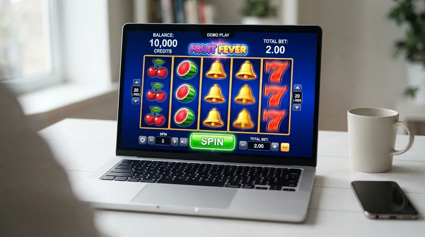 A browser window showing a 1spin4win slot in demo mode with a play-money balance of 10,000 credits and the spin button highlighted