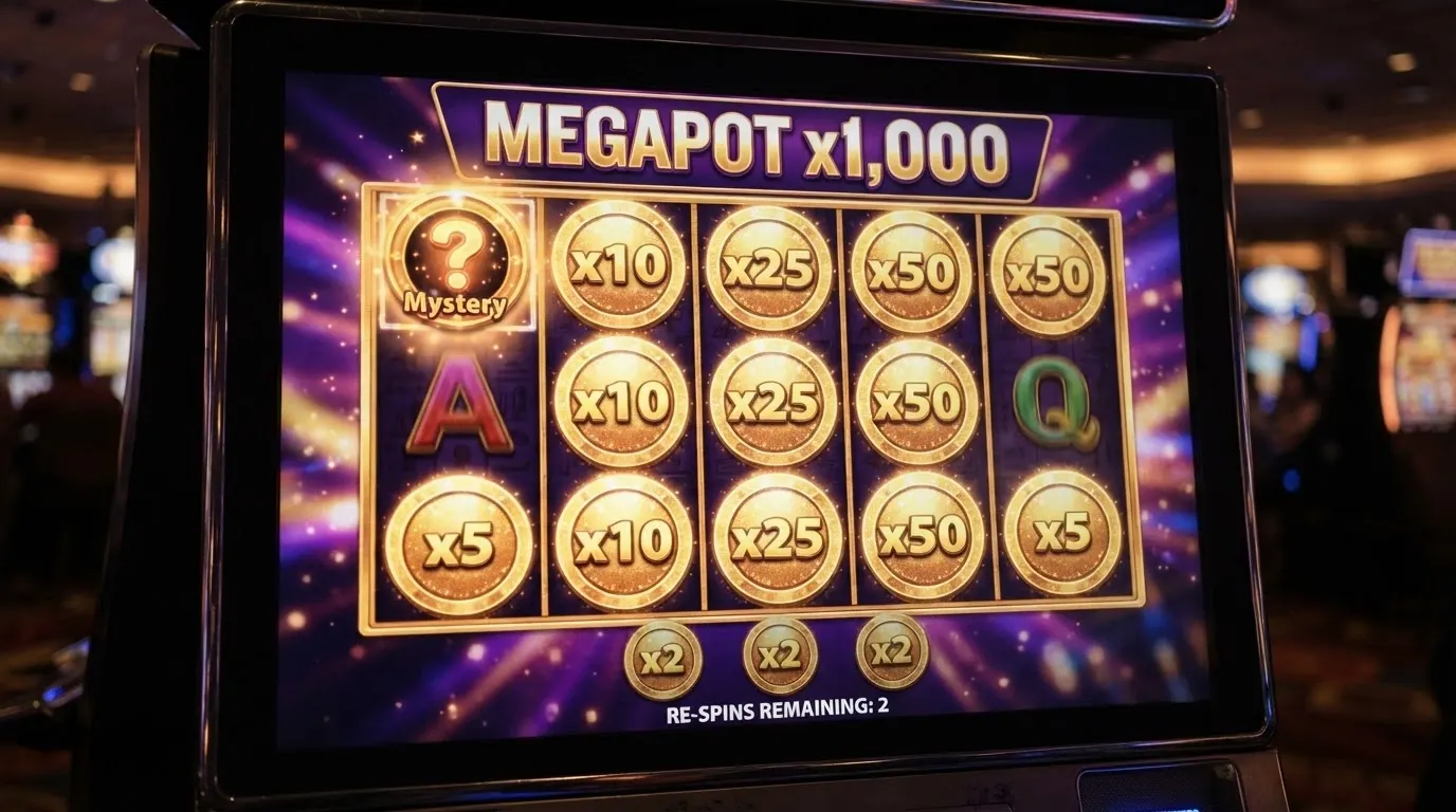 A close-up of a 1spin4win Hold and Win bonus round with gold coins on the grid, a Megapot counter and a Mystery Coin about to reveal