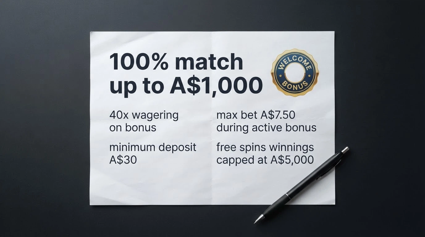 A welcome-offer banner showing a 100% match up to A$1,000 badge with fine-print text about wagering requirements in the foreground