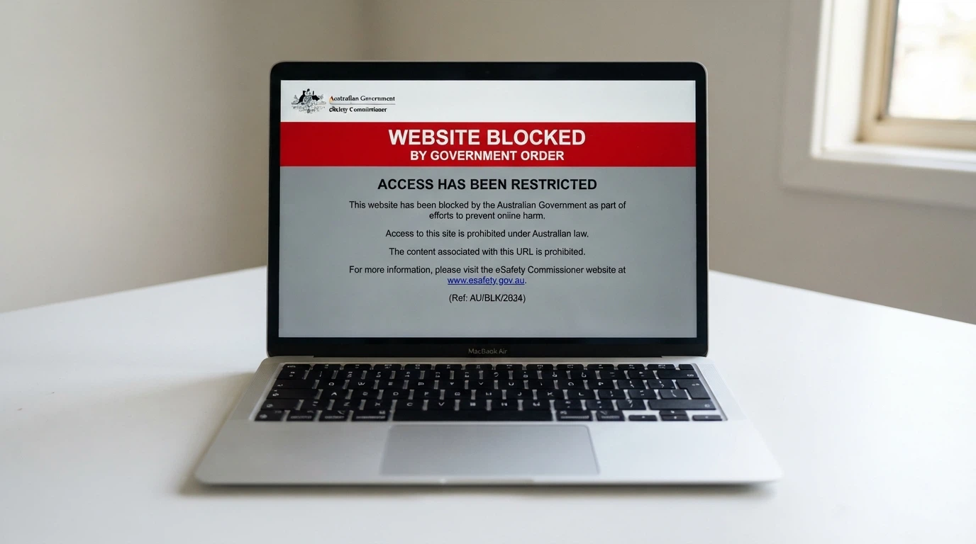 A mock-up of an ACMA blocking notice as it appears when an Australian ISP blocks an illegal gambling site, with the ACMA logo and a brief explanatory text.