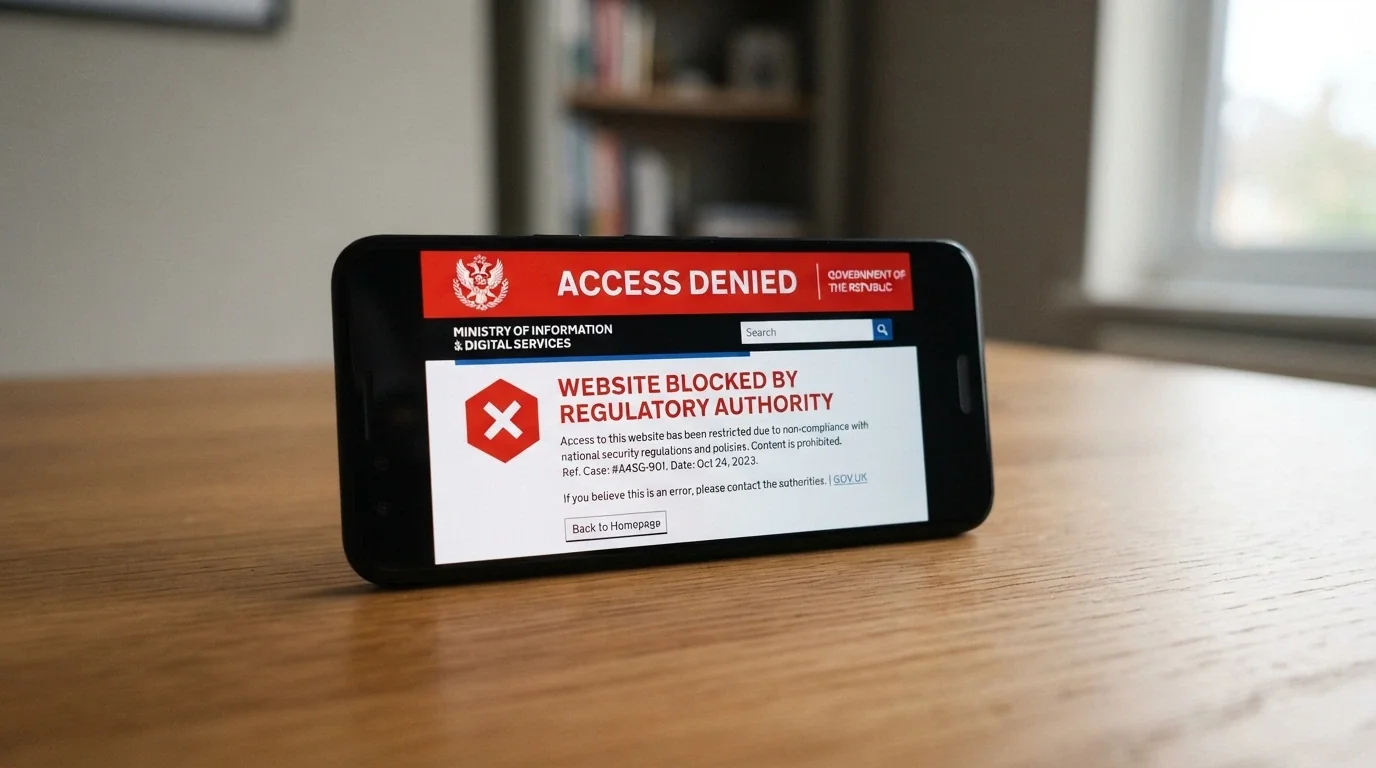 A smartphone screen displaying the ACMA website or a blocked-site notice, the Australian Government crest visible