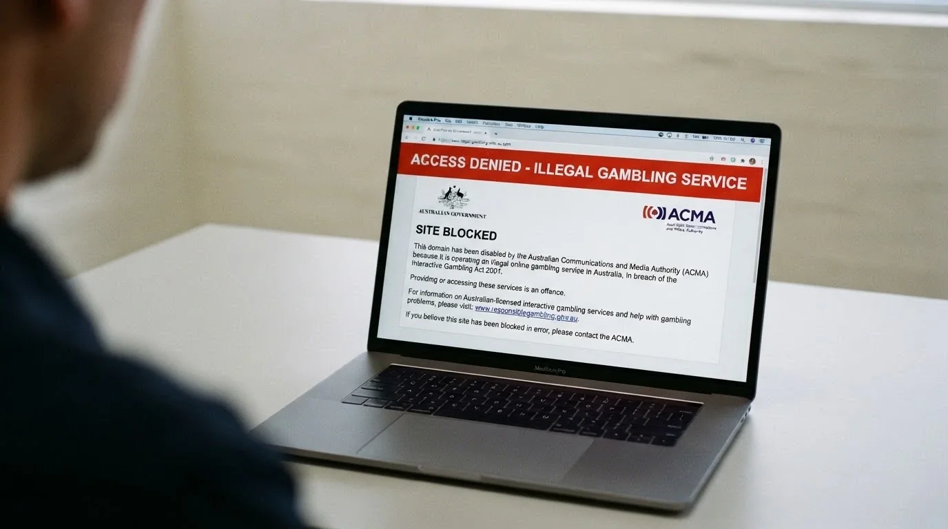 Australian government webpage displaying the ACMA notice that an illegal gambling website has been blocked