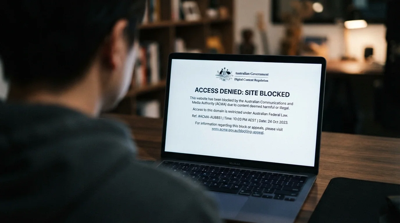 A browser screen showing an ACMA site-blocked notice — “This website has been blocked” with the Australian Government crest