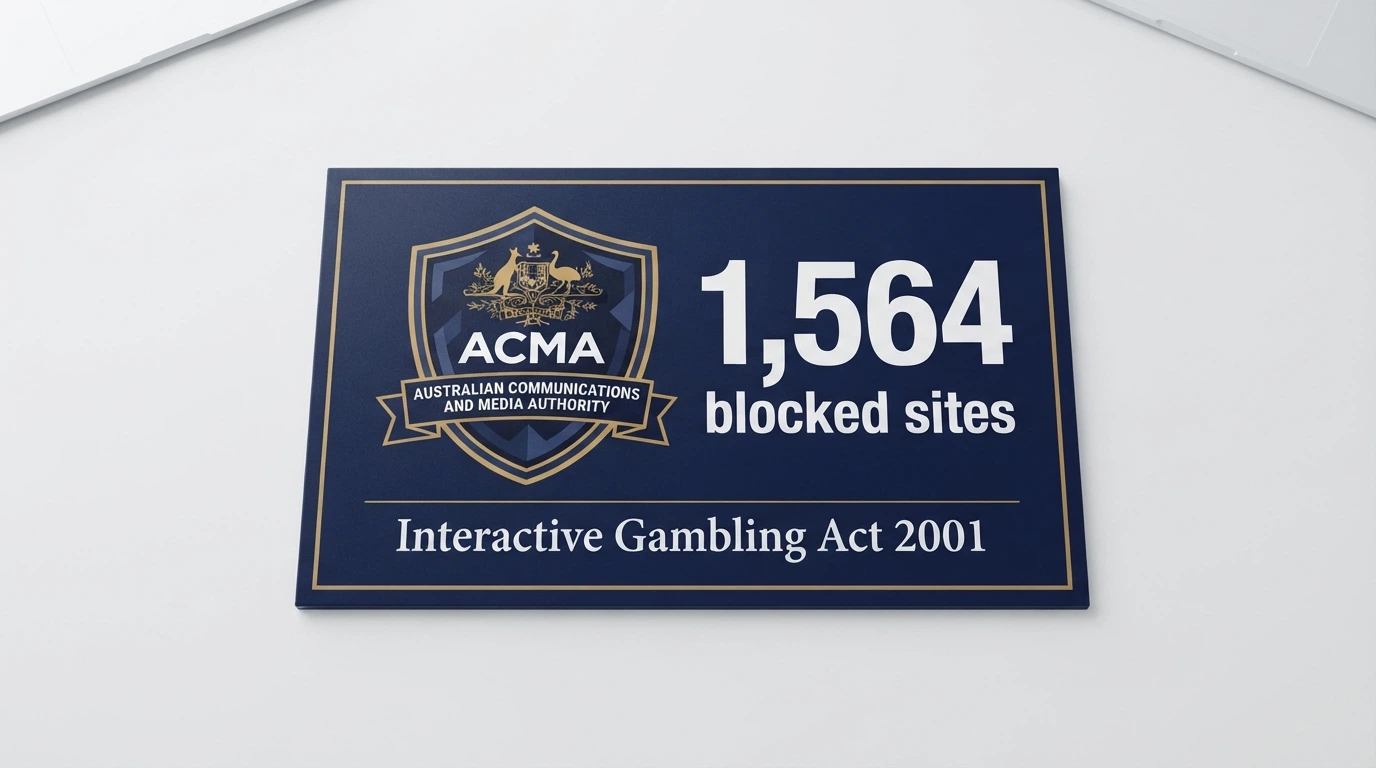 A graphic showing the ACMA logo, the number 1,564 blocked sites, and the Interactive Gambling Act 2001 reference