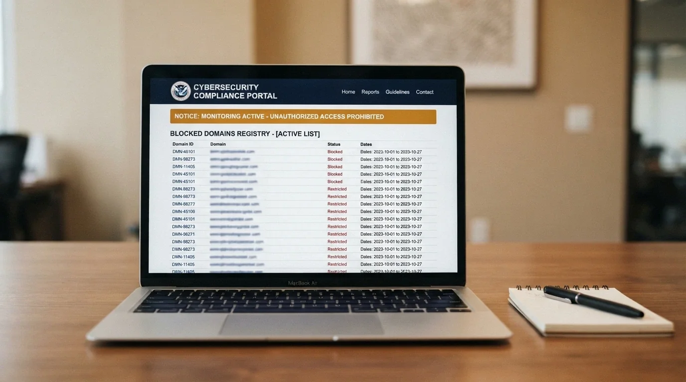 A laptop screen displaying the ACMA website with a site-blocking notification and a list of blocked gambling domains
