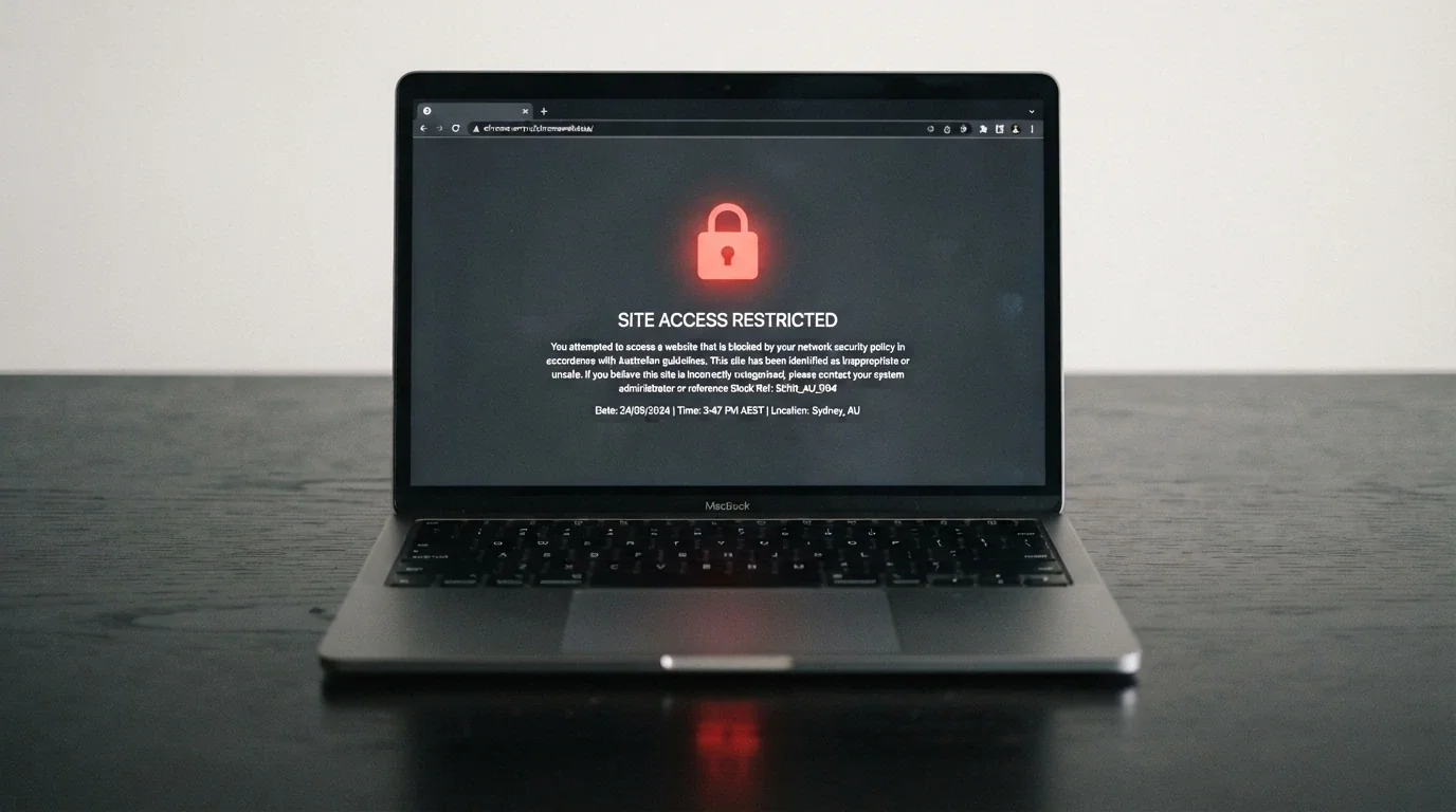 A browser window displaying the ACMA website with a blocked-site notification overlay and a padlock icon in the address bar