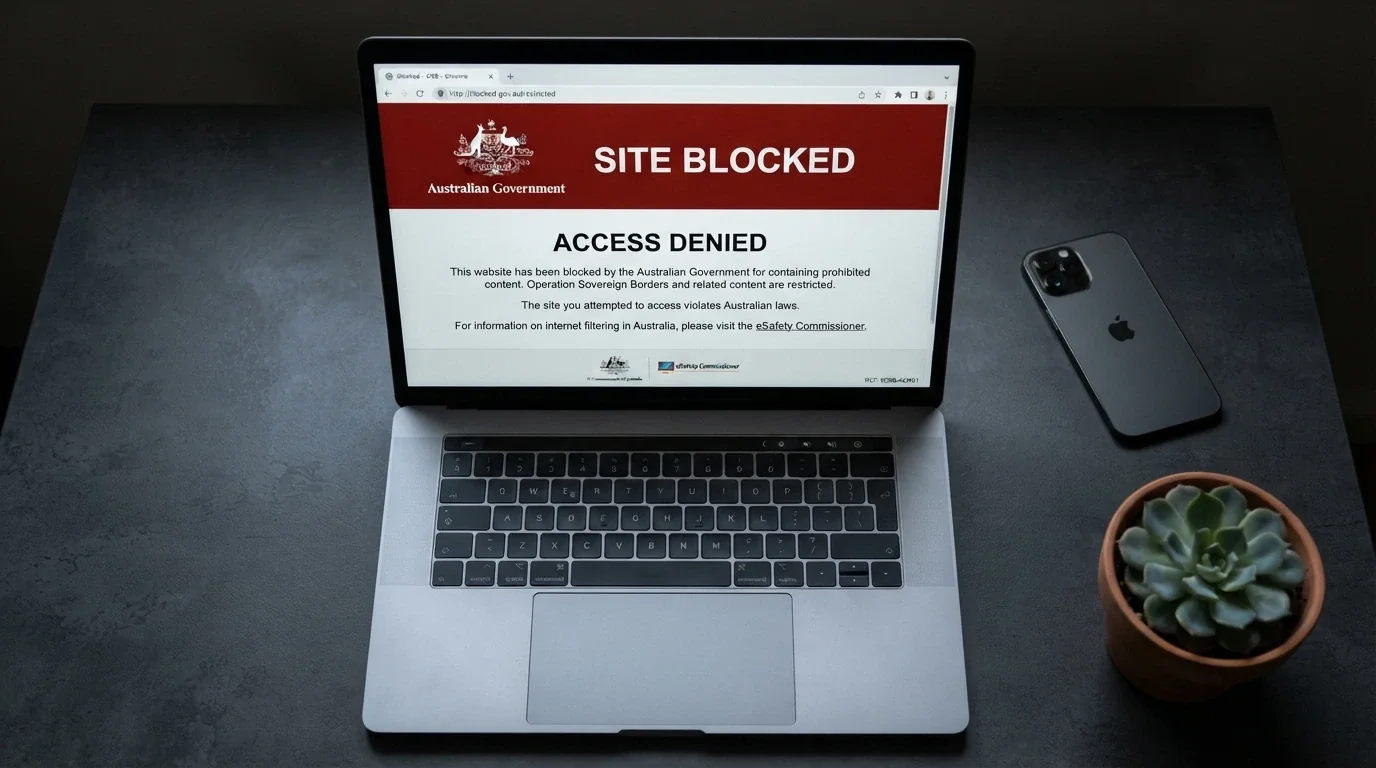 A browser window displaying the ACMA blocking notice that appears when an Australian ISP blocks an illegal gambling site