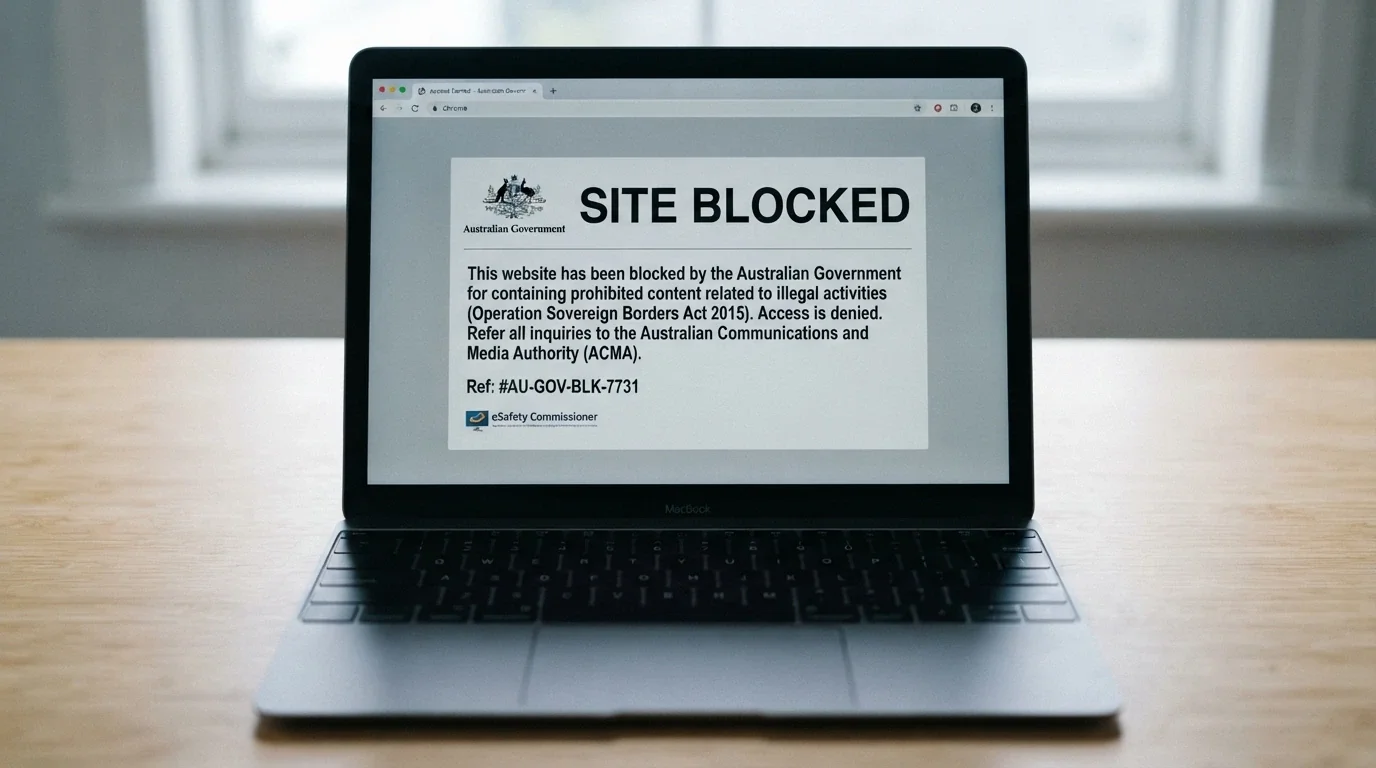 A browser window displaying the ACMA-blocked-site notice that appears when an Australian ISP blocks access to an illegal gambling website