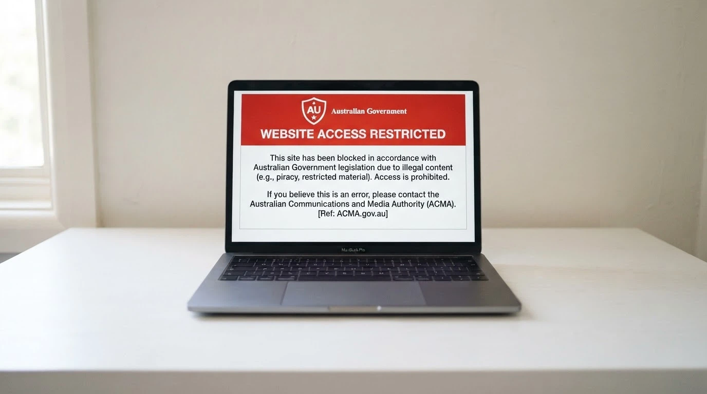 A laptop screen showing the ACMA website-blocking notice that appears when an Australian internet user attempts to access a blocked illegal gambling site