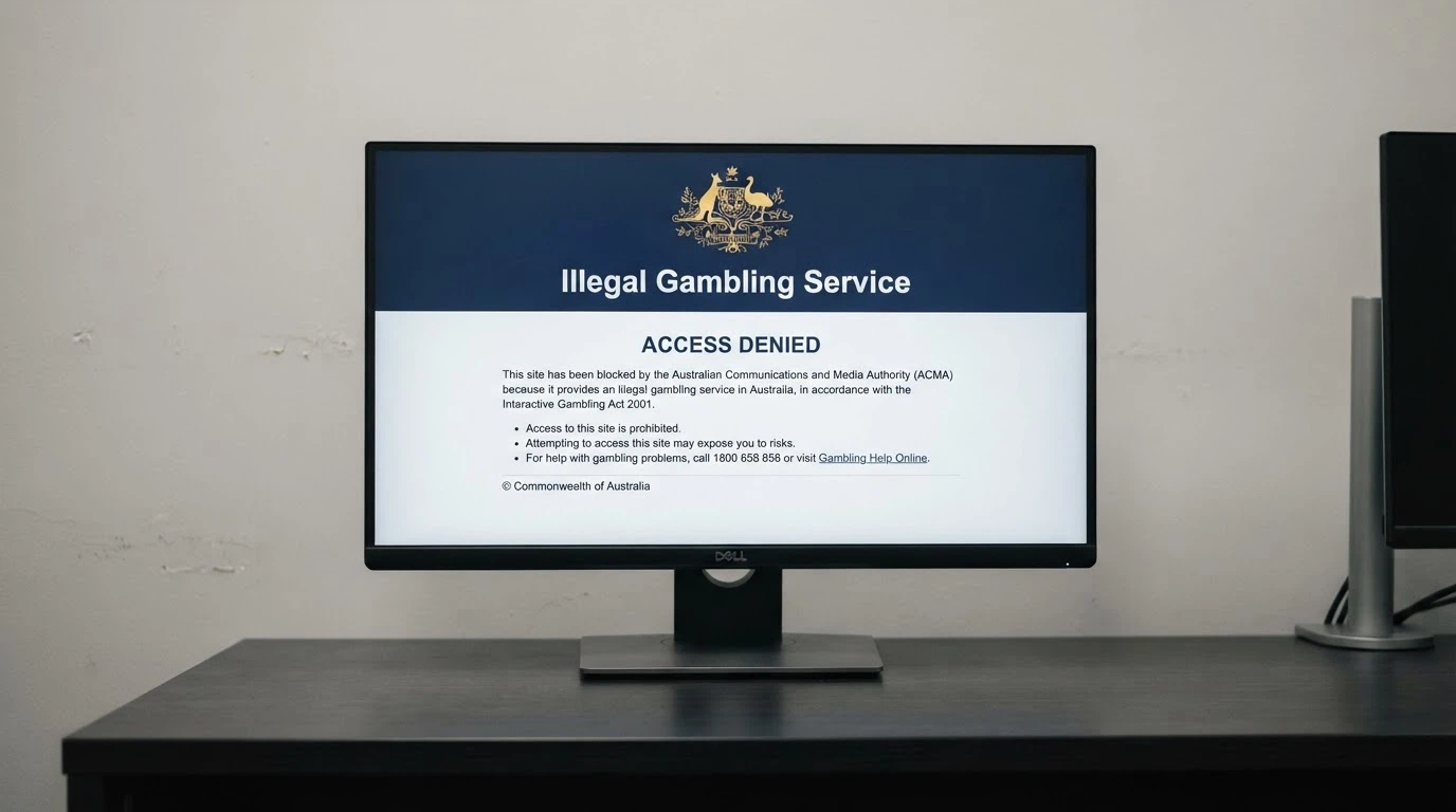An official-looking ACMA website-blocking notice displayed on a computer screen, with the words “illegal gambling service” visible and an Australian government crest