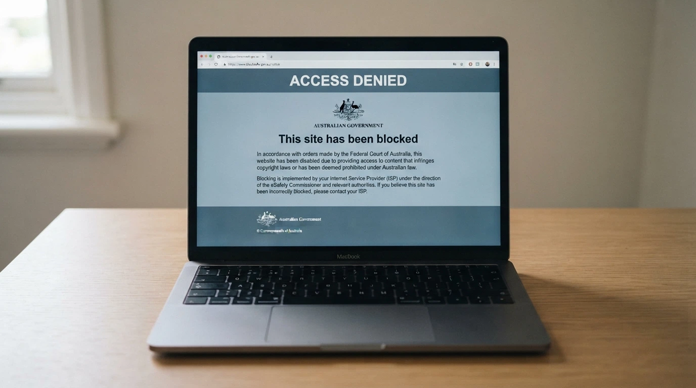 A browser window displaying the ACMA blocking notice an Australian ISP serves when a user tries to reach a blocked illegal gambling site