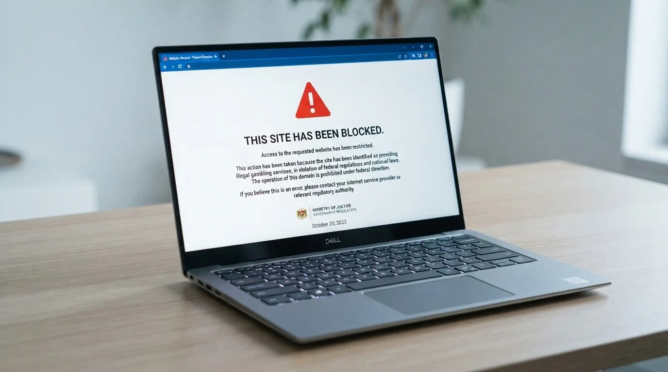 A stylised browser window displaying an ACMA blocking notice — the screen a casino player sees when an ISP has blocked the site under an ACMA direction