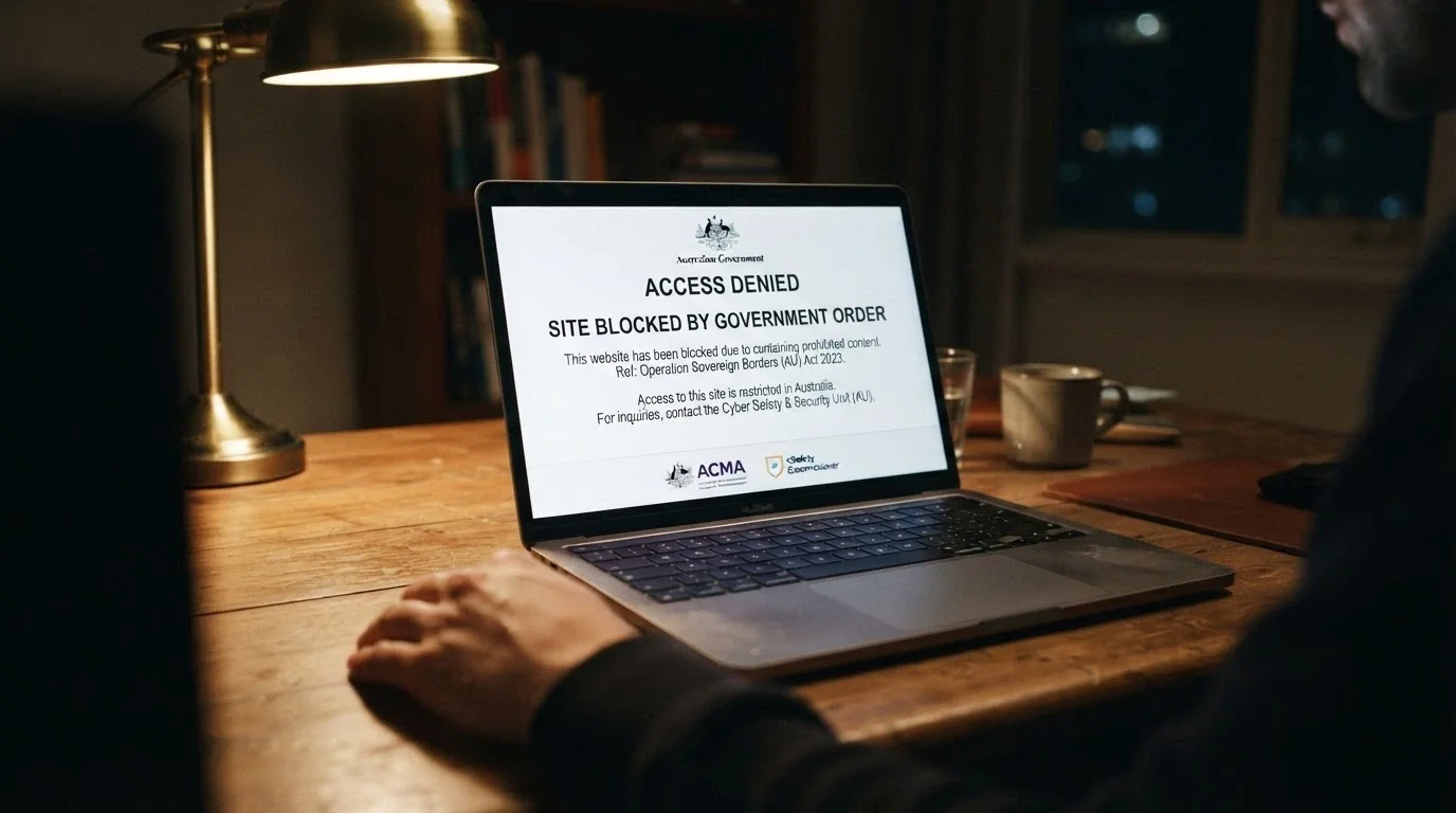 A browser window displaying the ACMA blocking notice that appears when an Australian ISP blocks an illegal gambling site