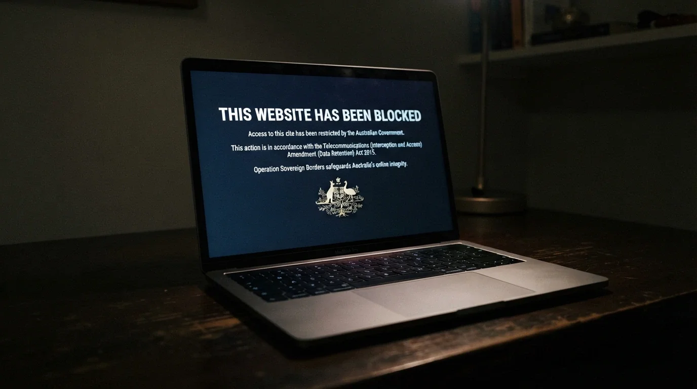 A government-style warning screen on a laptop reading “This website has been blocked” with the Australian Communications and Media Authority logo and a reference to the Interactive Gambling Act 2001 visible beneath the message
