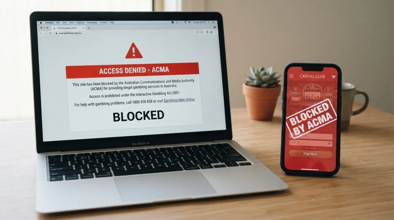 A laptop screen displaying an ACMA blocking notice with the Australian coat of arms visible, beside a smartphone showing a casino app greyed out with a “Blocked” overlay