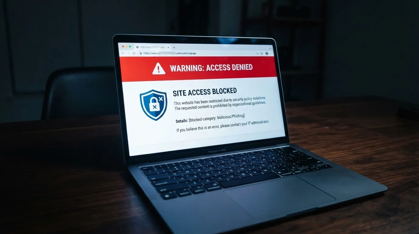 A laptop browser displaying the ACMA official warning page — “This website has been blocked by order of the Australian Communications and Media Authority” — with the URL bar showing a casino domain name blurred out