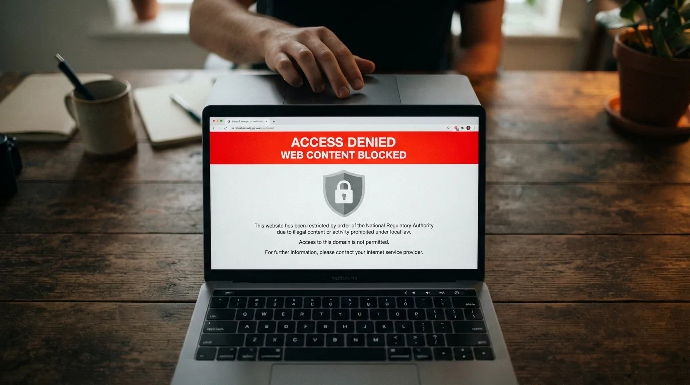 A browser window showing an ACMA site-blocking notice or a regulatory warning screen