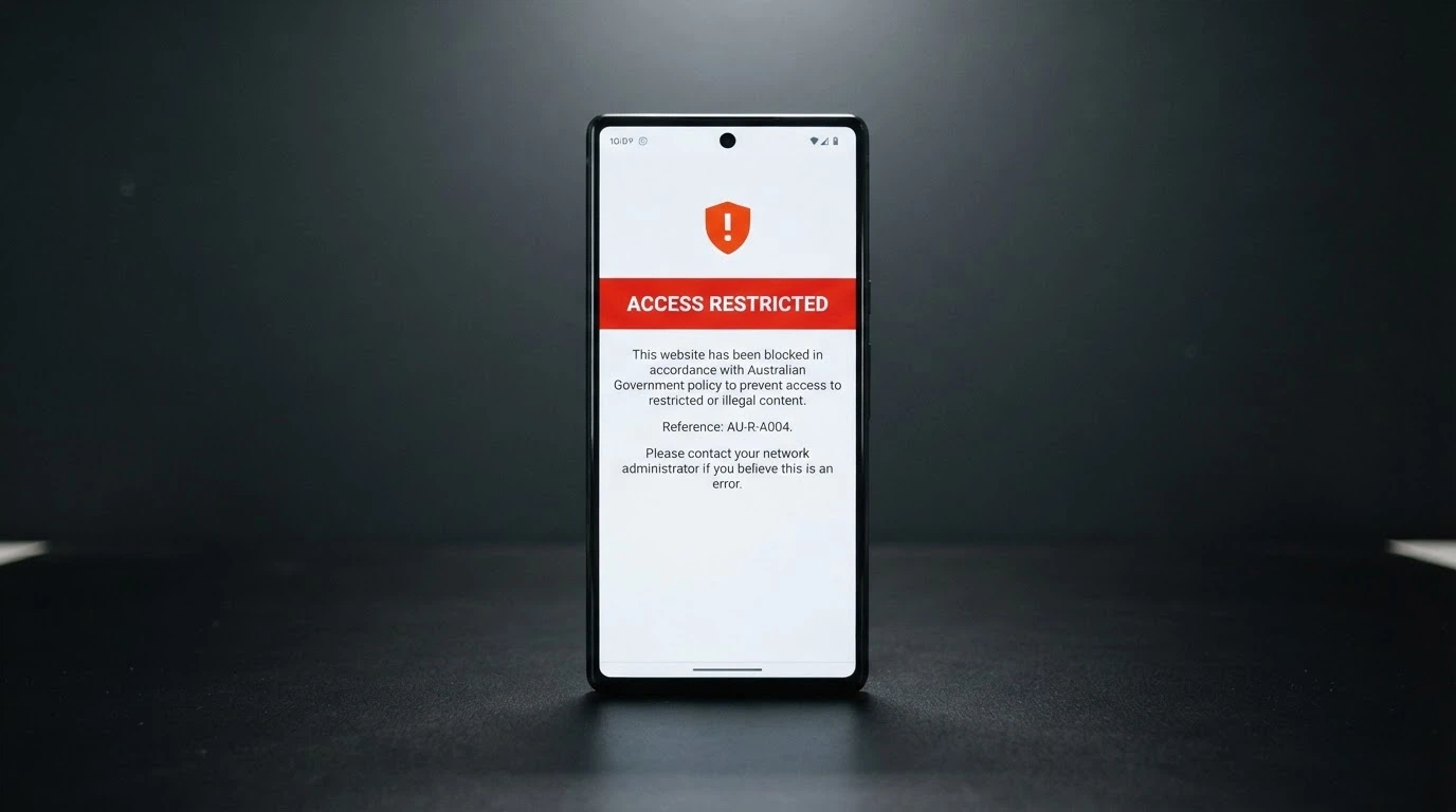 Android phone screen showing an ACMA site-blocking notice — the standard ISP block page that appears when an illegal gambling site has been blocked under ACMA direction
