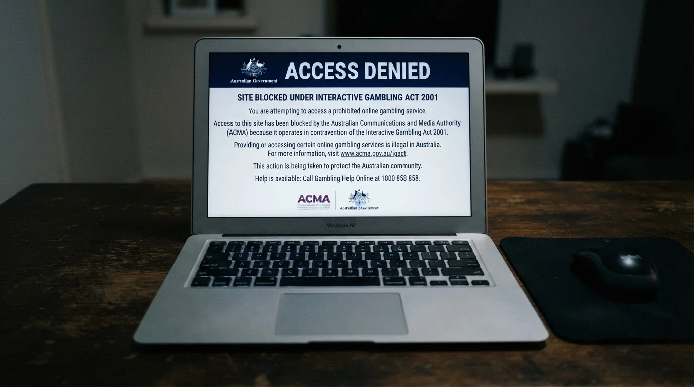 A browser window displaying an ACMA blocking-notice page with the Australian Government crest and text explaining that the site has been blocked under the Interactive Gambling Act 2001