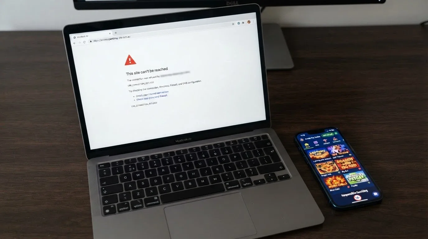 A browser window displaying an ACMA-blocked-site notice — the official blocking page with the Commonwealth Coat of Arms — with a smartphone beside it showing a casino lobby that is still accessible
