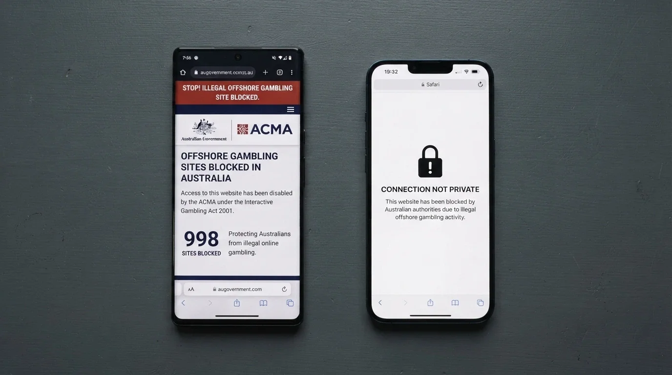A smartphone screen showing an ACMA website page about illegal offshore gambling with the site-blocking notice visible, next to a blocked-website browser message