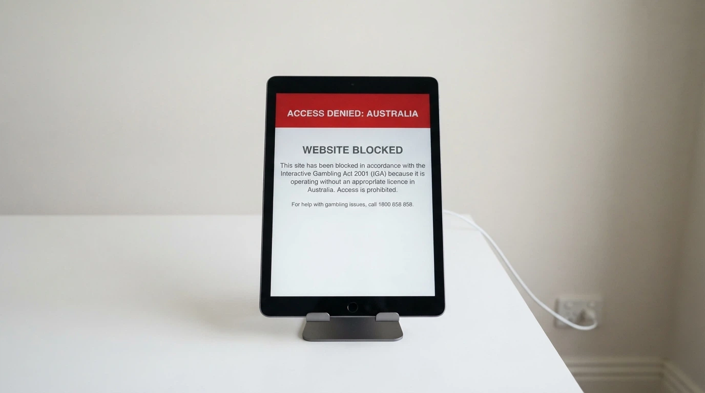 An iPad displaying the type of screen an Australian user sees when a site has been blocked by the ACMA — a simple notice stating the site is inaccessible under Australian law