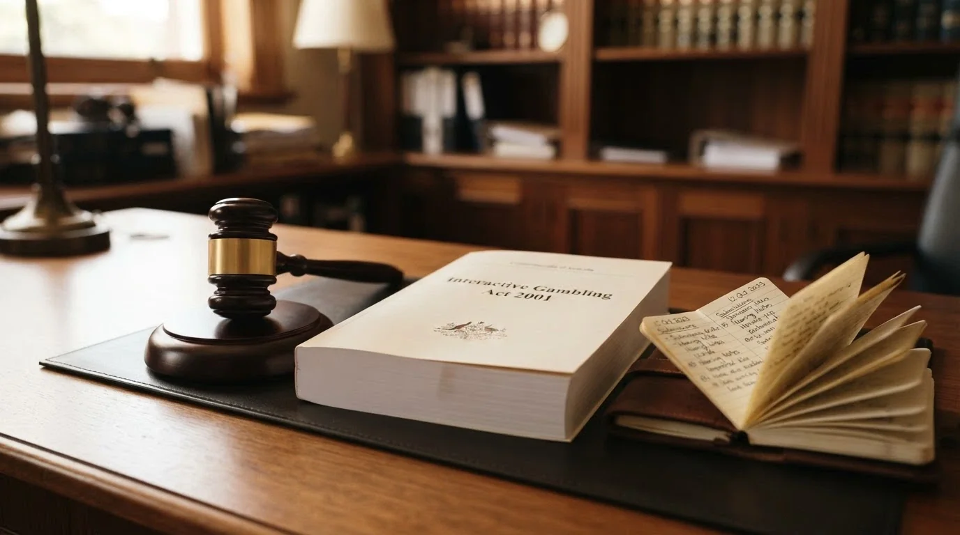 The ACMA logo or a stylised gavel beside a document labelled “Interactive Gambling Act 2001,” with a calendar showing the 2026 reform date