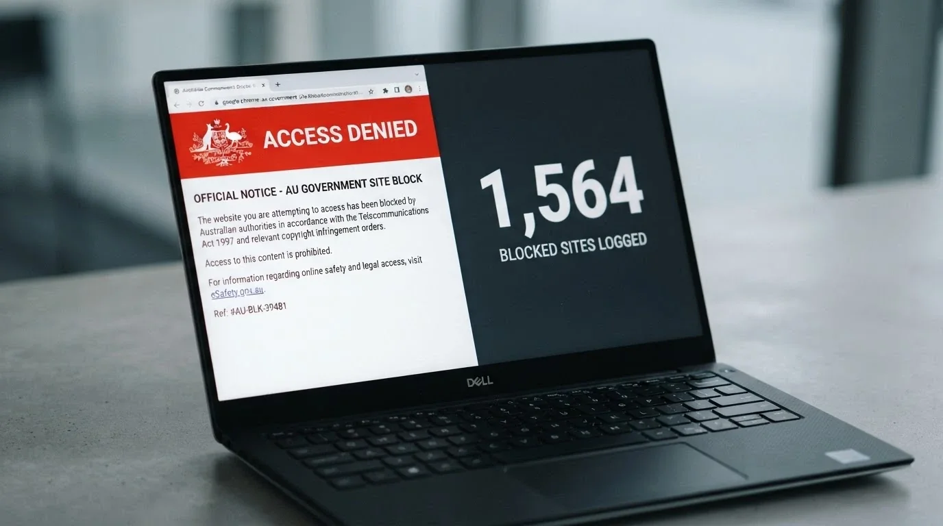 A browser window showing an ACMA blocking notice beside a simplified counter reading 1,564