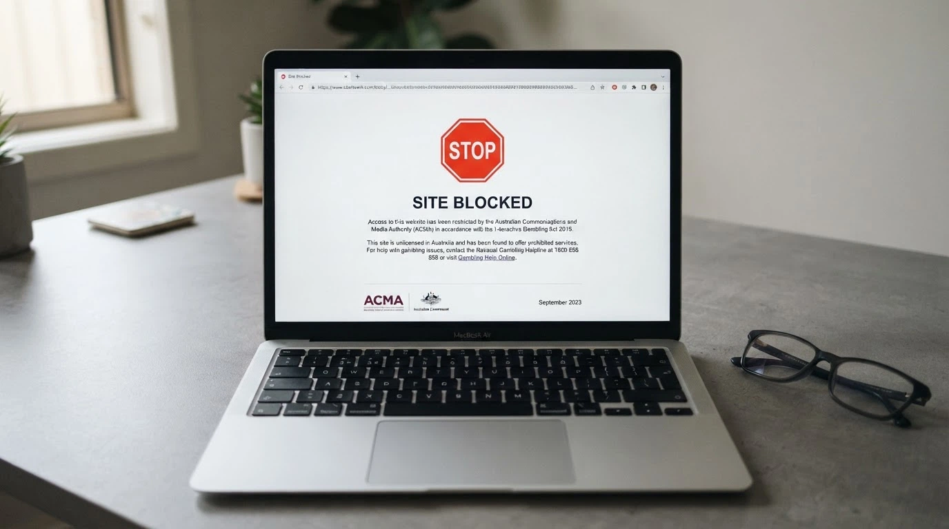 A government-style webpage header with the ACMA logo and a site-blocked notification screen beside it