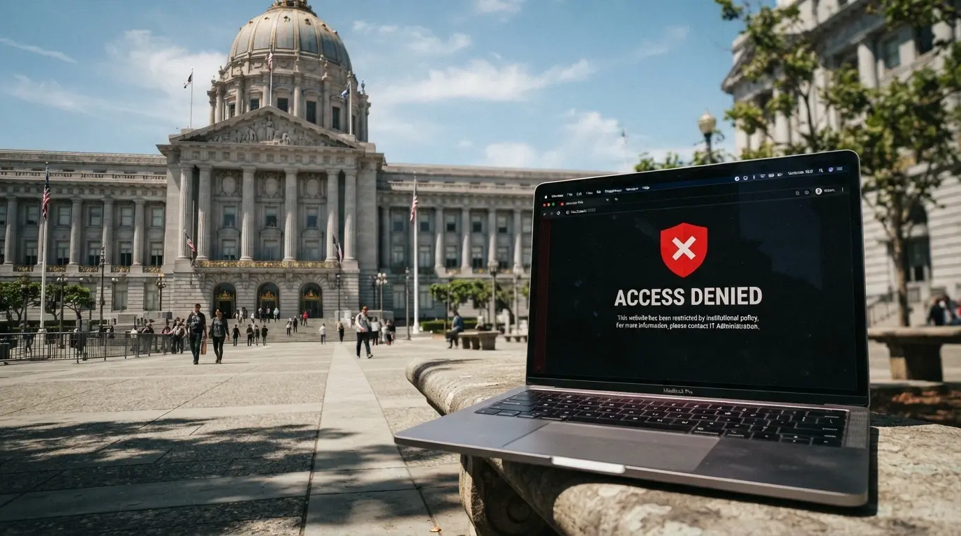 A government building exterior with the ACMA logo, and a browser window showing a blocked-site notice