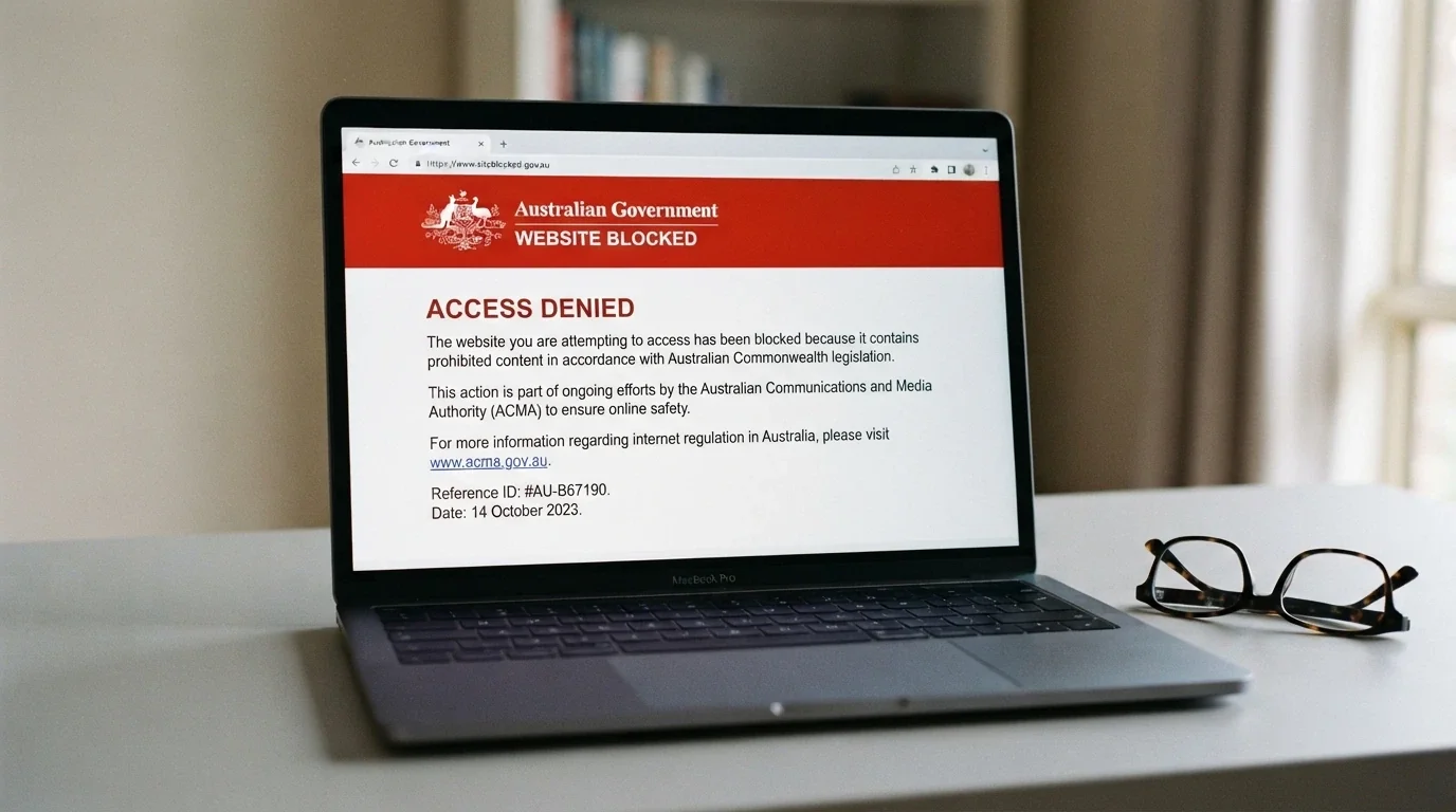 A browser window displaying the standard ACMA blocking notice an Australian sees when an ISP has blocked an illegal gambling website
