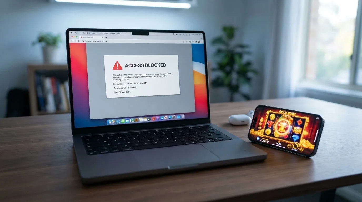 A laptop screen showing a browser blocked-page notice with an ACMA logo, with a smartphone beside it showing an active casino session