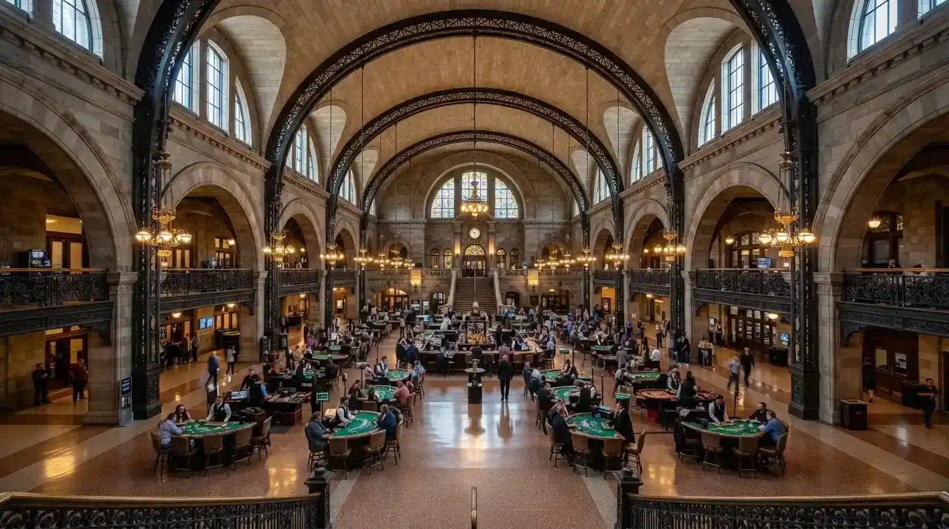 The interior of the former railway station concourse showing original architectural details — high ceilings, stonework and arches — now part of the casino floor