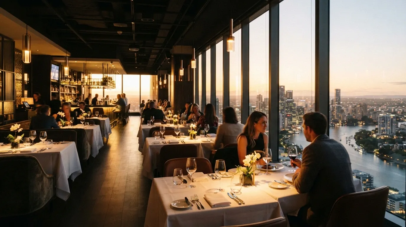 Interior of Aloria restaurant on Level 23 with white tablecloths, river views through floor-to-ceiling windows