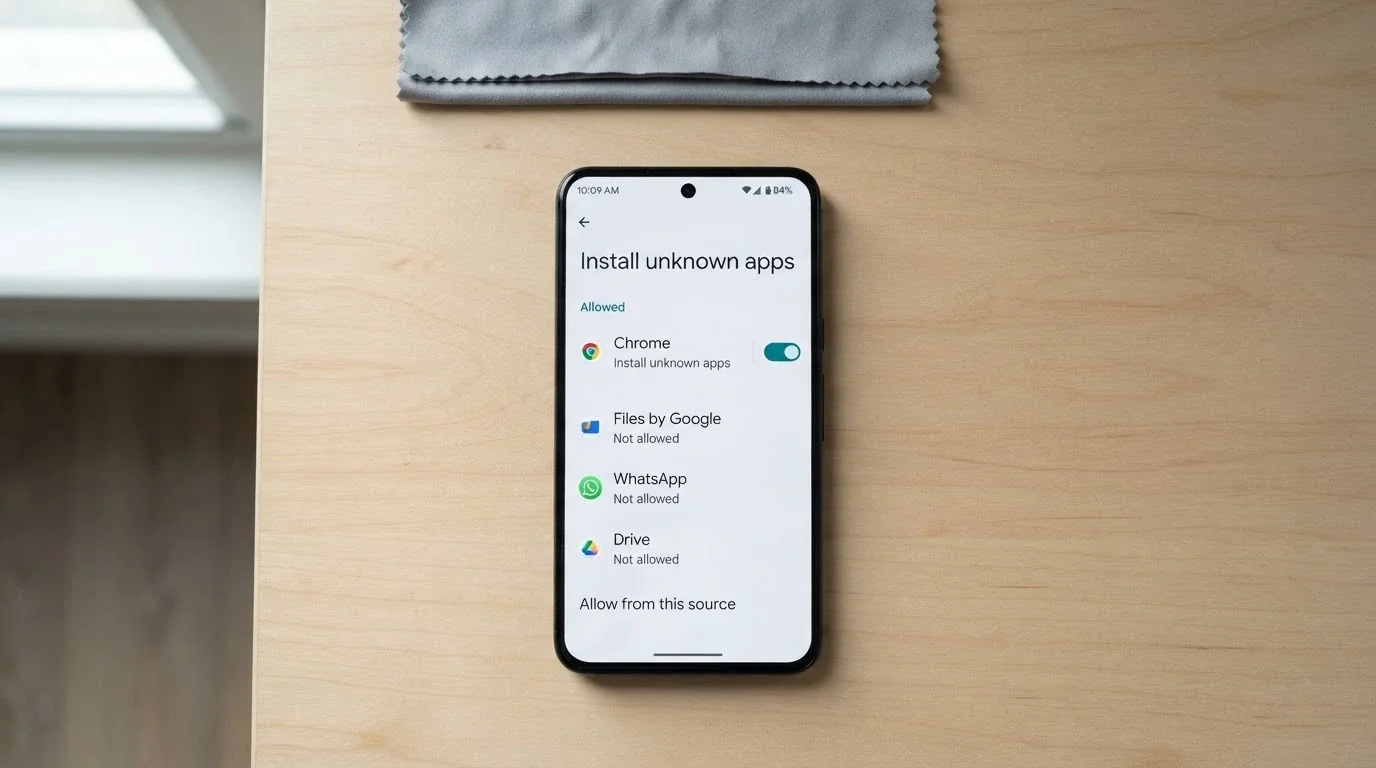 An Android phone settings screen with the “install from unknown sources” toggle highlighted