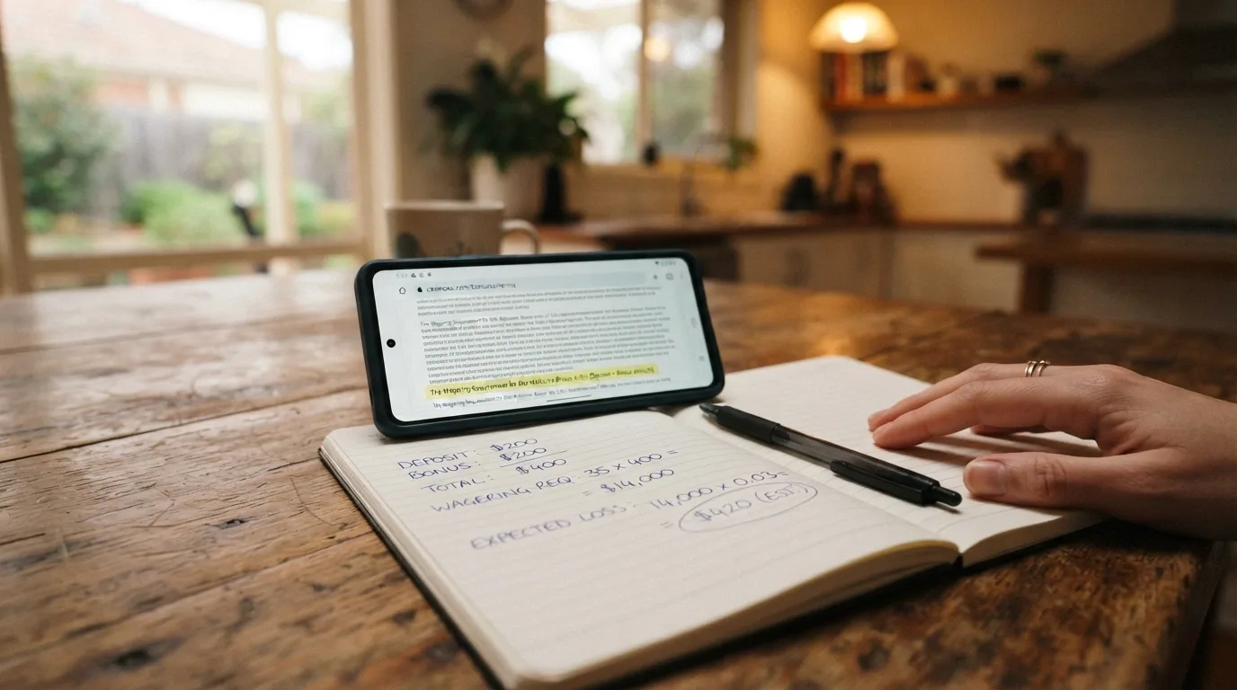 An Australian Android phone on a table beside a notebook with handwritten figures — a deposit amount, a wagering multiple and a calculated expected loss — the phone screen showing a casino terms page