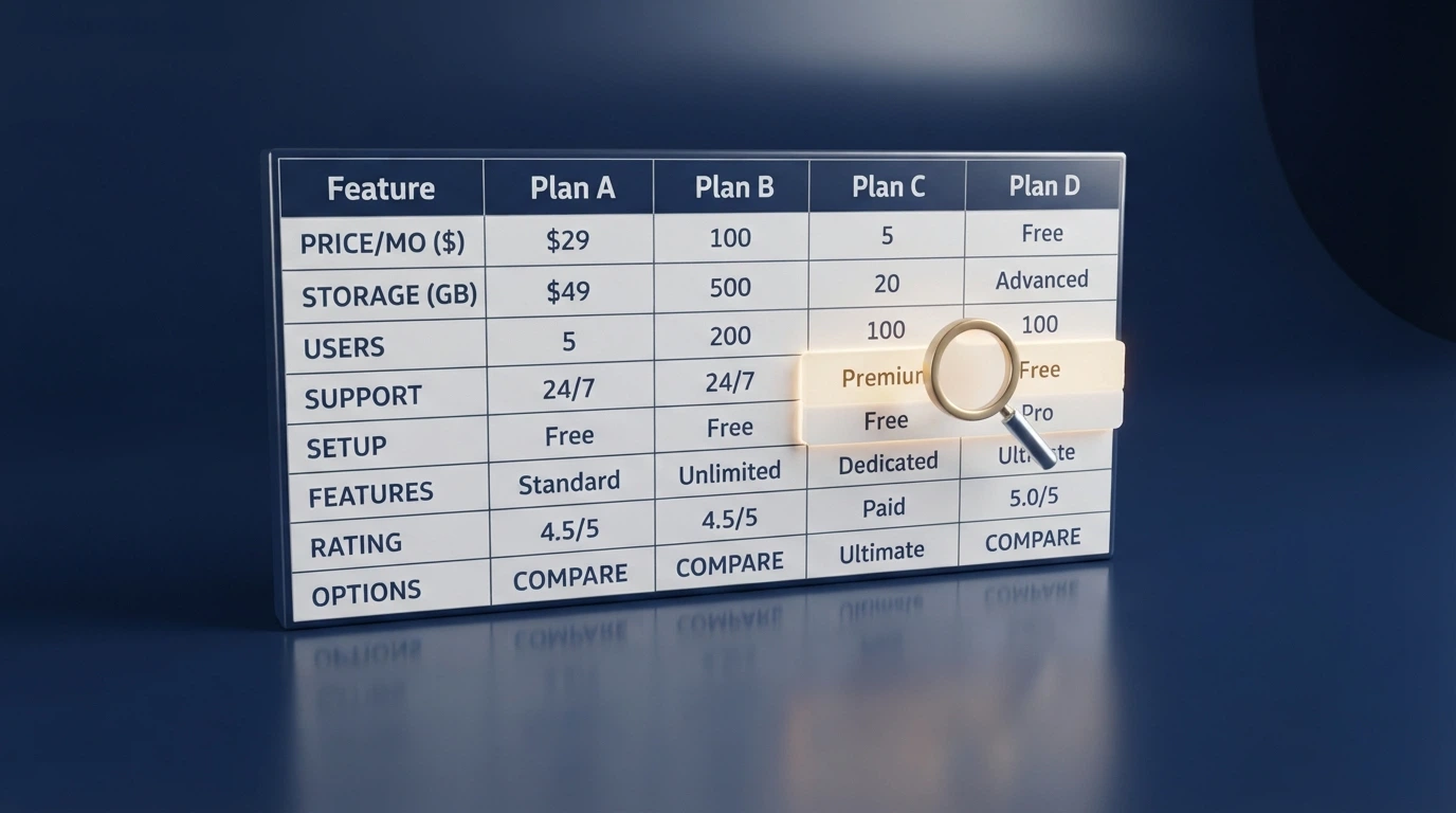 A desktop view of a comparison table with operator names, bonus values and wagering columns, with one row highlighted by a magnifying-glass effect