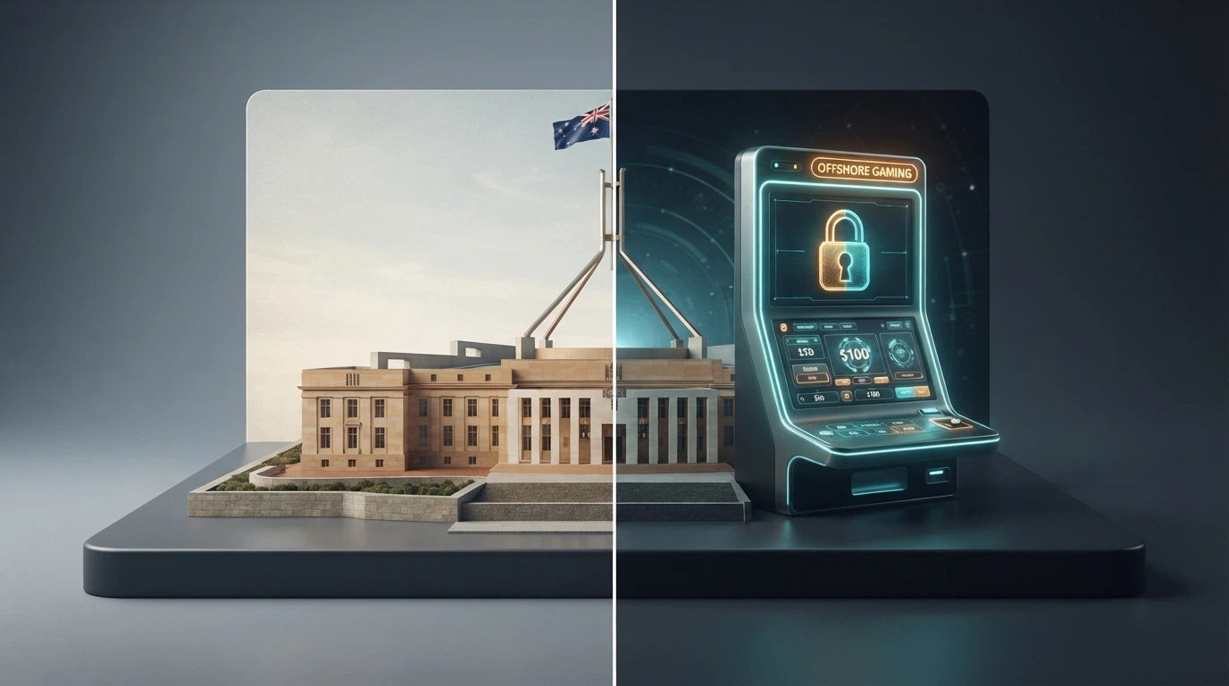 A split-screen composition: one side shows an Australian government building with the Australian flag, the other shows a glowing casino interface with a padlock icon marked offshore