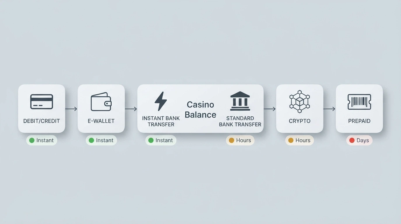 A visual map of payment method categories — cards, e-wallets, bank transfer, PayID, crypto and prepaid vouchers — arranged as a flowchart from deposit to casino balance