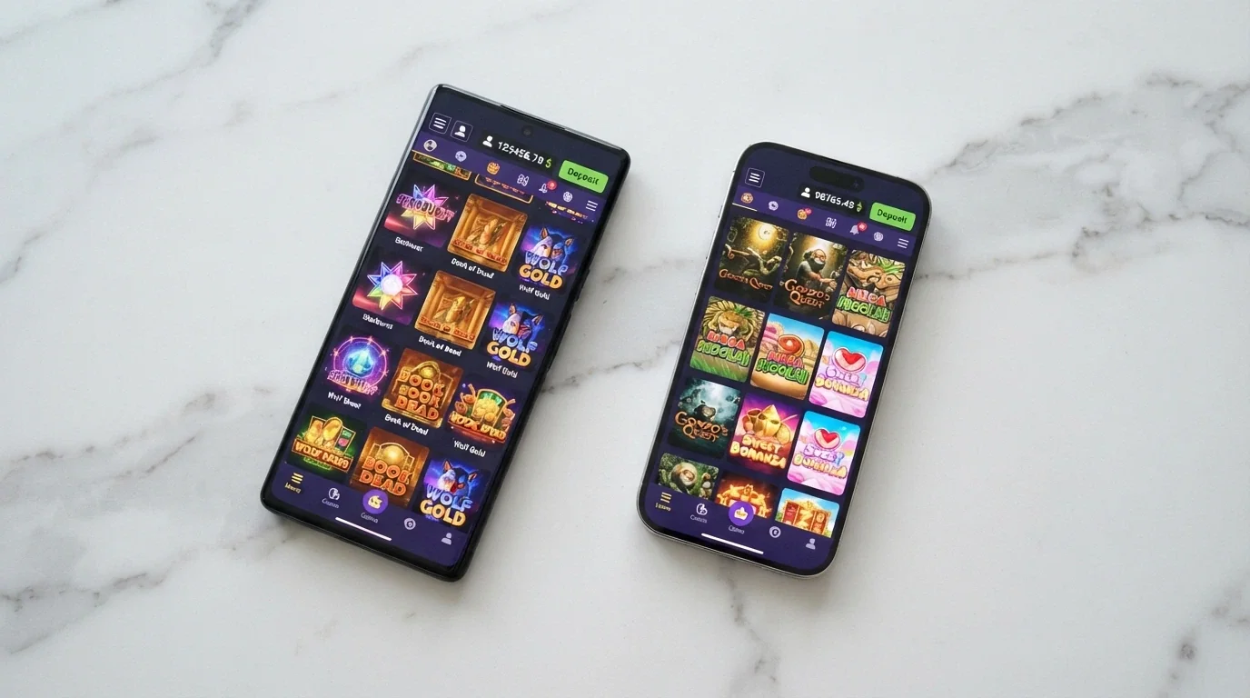 An Android phone and an iPhone side by side, each showing a different casino app lobby with pokies thumbnails and an AUD balance