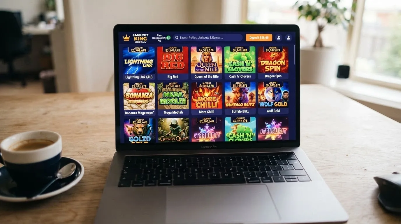 A browser window displaying a typical offshore casino game lobby with pokies thumbnails arranged in rows, a search bar and a deposit button visible
