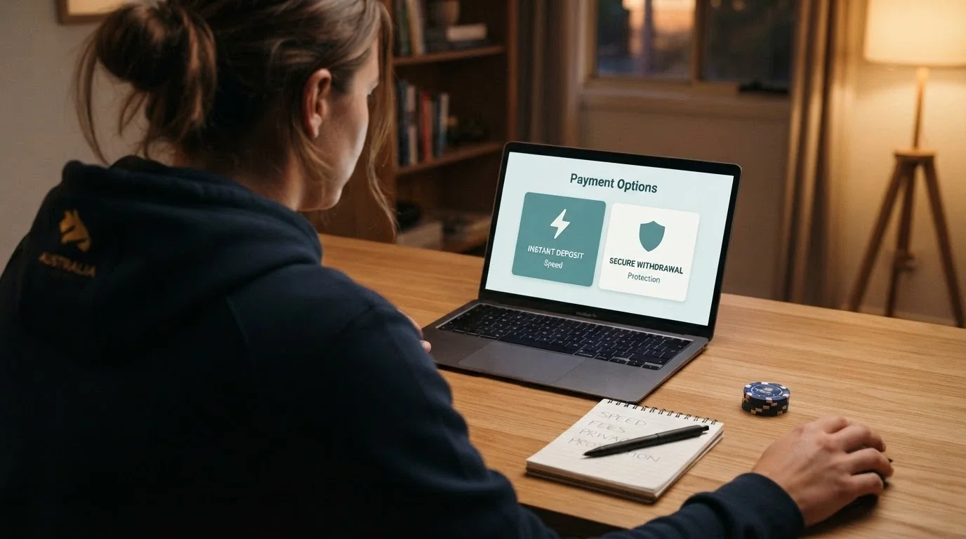 An Australian player at a laptop weighing two payment options on screen, with handwritten notes listing speed, fees, privacy and protection next to the keyboard
