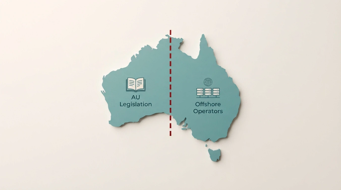 A simplified map of Australia with the Interactive Gambling Act text excerpt on one side and offshore-server icons on the other, separated by a dashed jurisdictional line