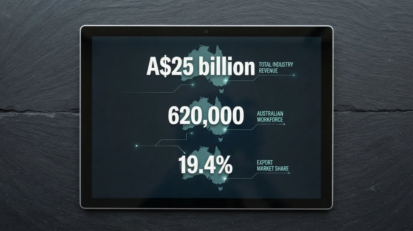 An infographic-style display of three key figures — A$25 billion, 620,000, and 19.4% — with the Australian map as a backdrop
