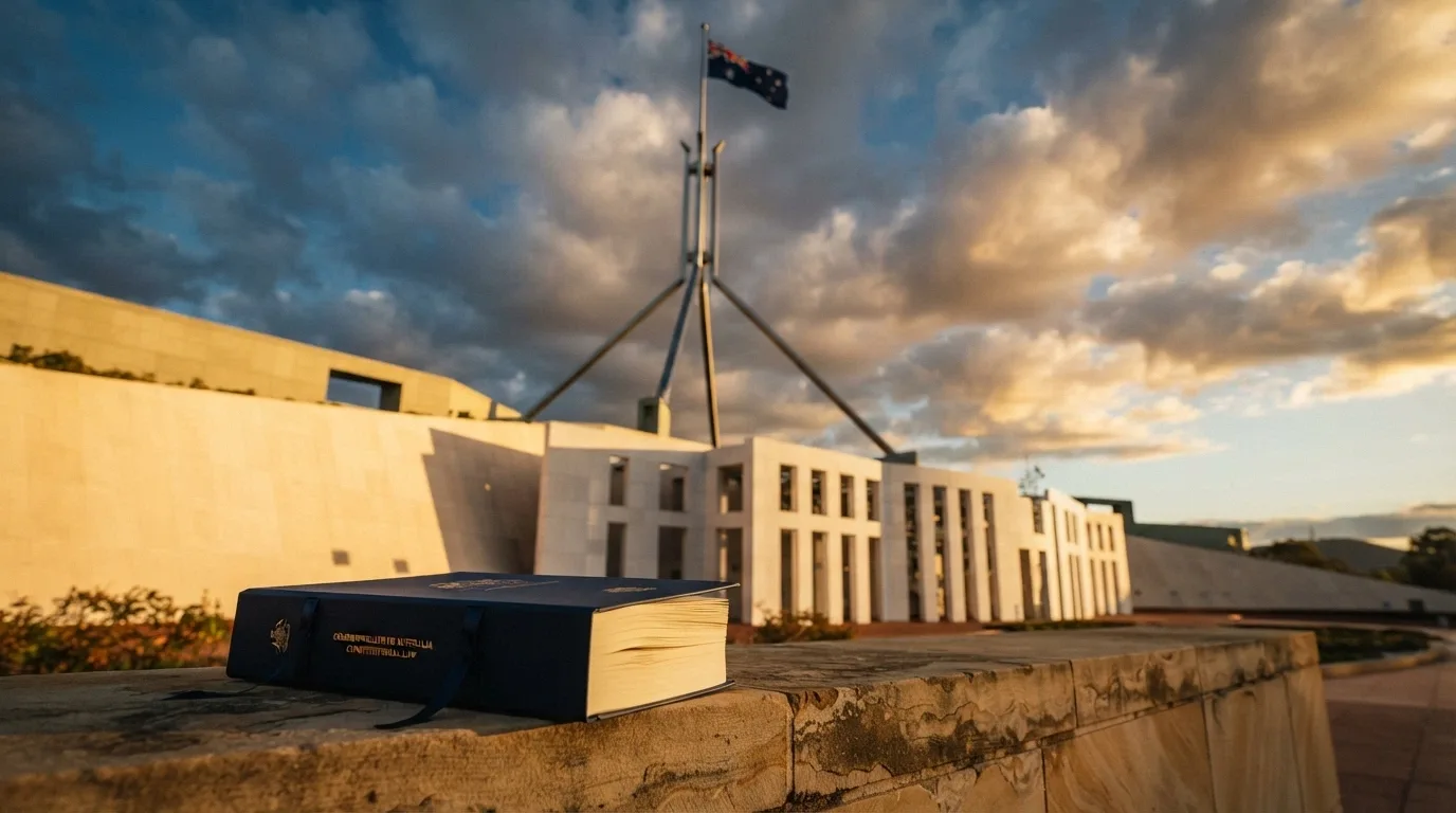 Australian Parliament House in Canberra with the Interactive Gambling Act document overlaid