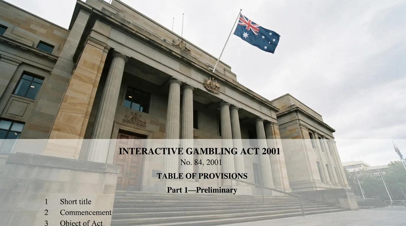 An official-looking government building exterior with the Australian flag visible, overlaid with a translucent document marked “Interactive Gambling Act 2001”