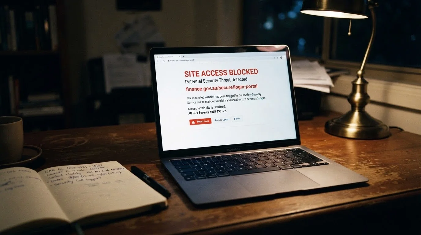 A document titled Interactive Gambling Act 2001 beside an ACMA website-block notice on a laptop screen