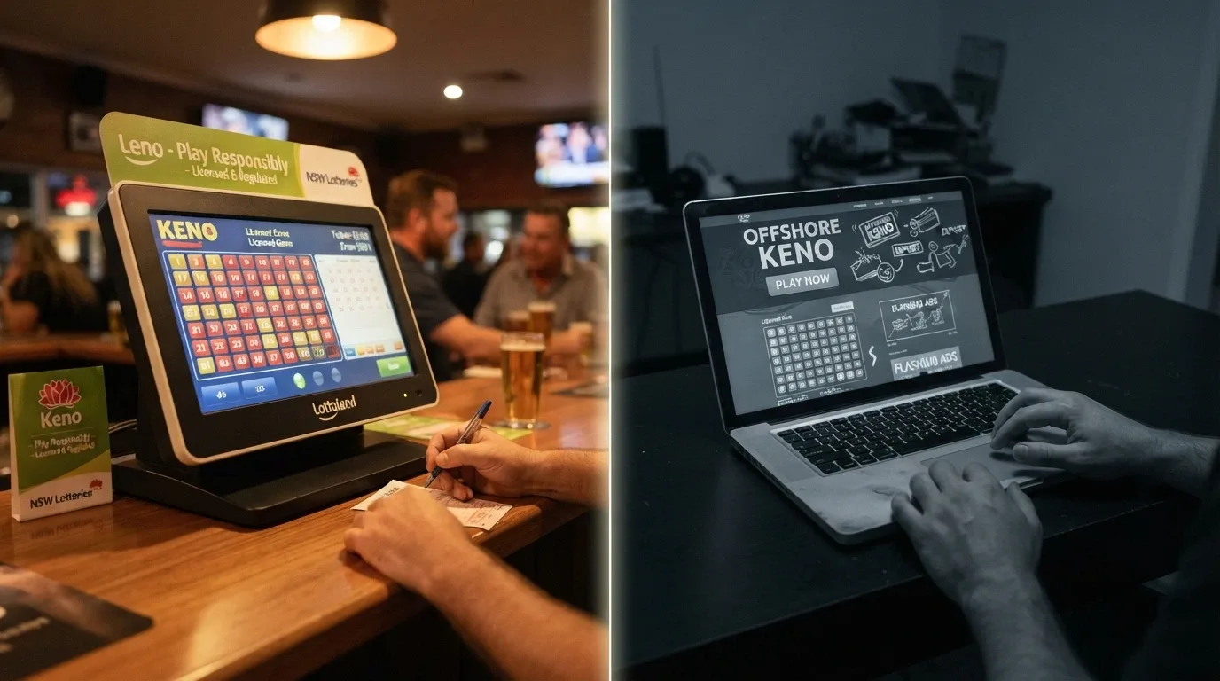 A visual split: the KenoGO logo and three state/territory emblems on the left, and a greyed-out offshore-casino web domain on the right