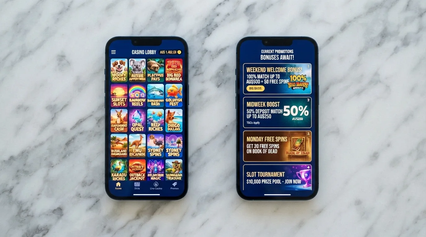A side-by-side view of mobile casino homepages on two different smartphone screens, one showing a game lobby and the other a promotions page