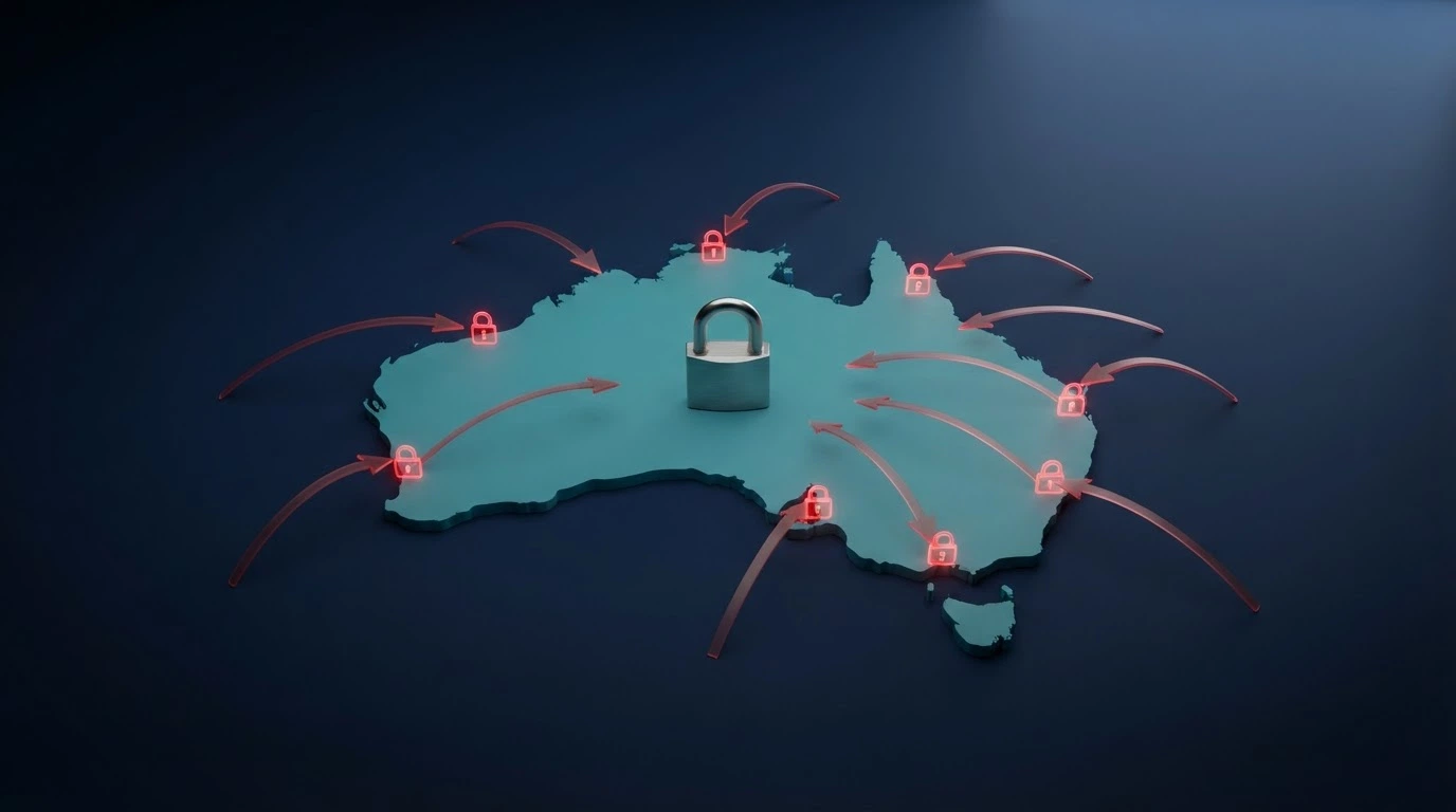 A stylised map of Australia with offshore arrows pointing inward, overlaid with an ACMA enforcement graphic and the Interactive Gambling Act citation